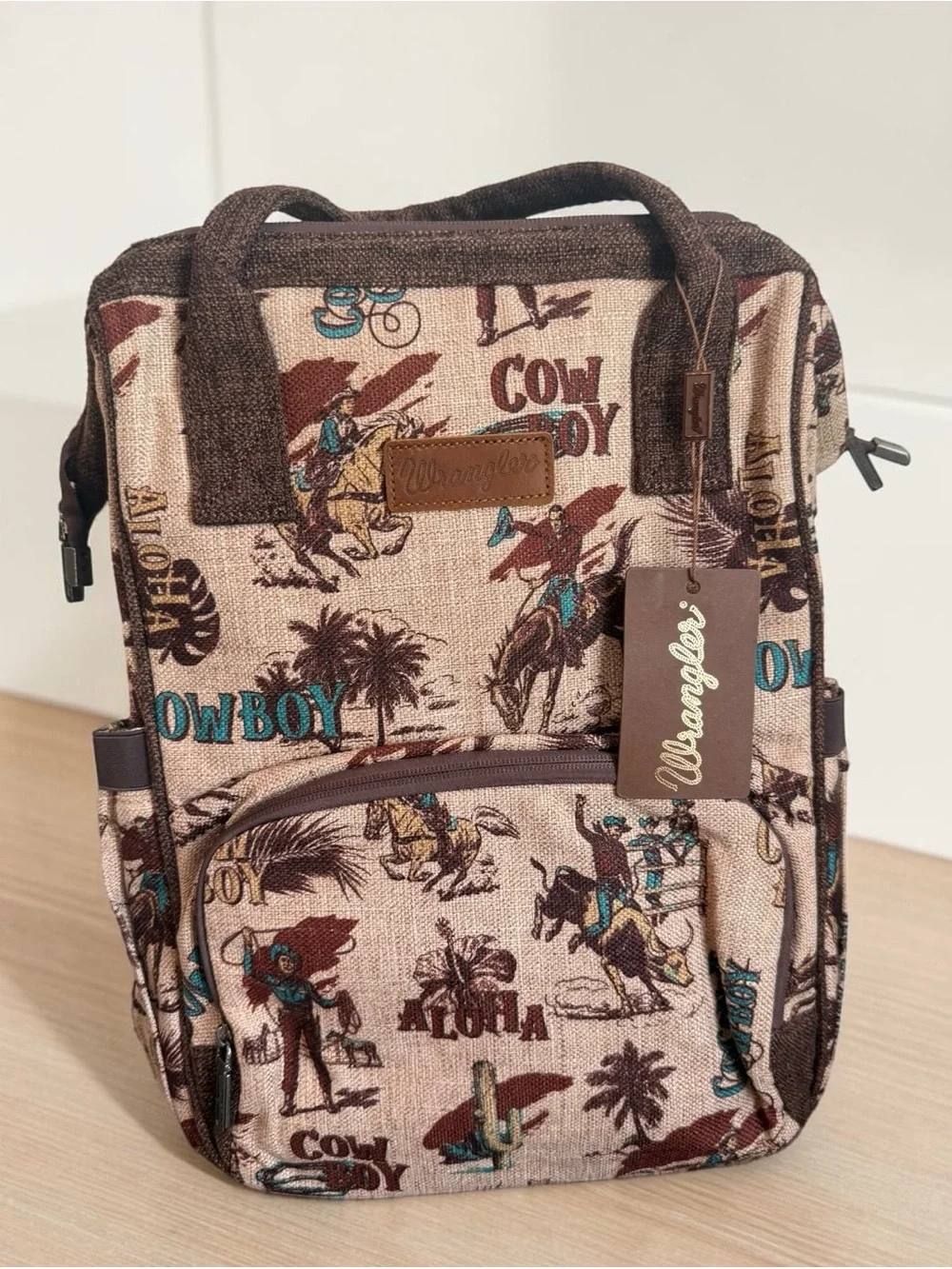 Wrangler Tan Cowboy Aloha Print Multi-Use/School/Laptoo Backpack w/ Brown Trim